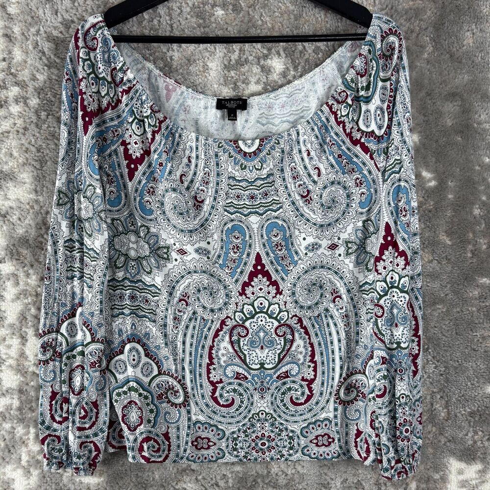 Talbots Womens Petites Size P Paisley Boat Neck Top Long Sleeve‎ Casual Shirt